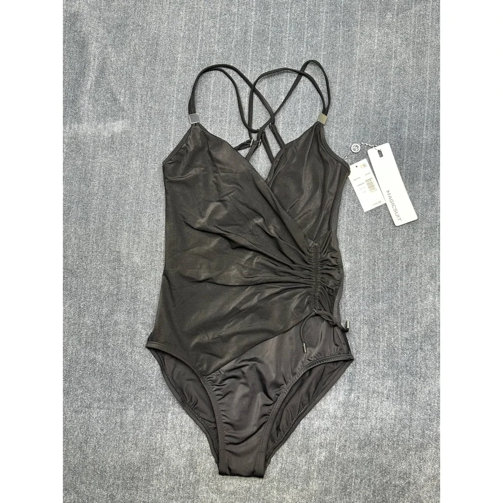 Magicsuit by Miraclesuit Womens Black Wrap Front One Piece Swimsuit Size 8